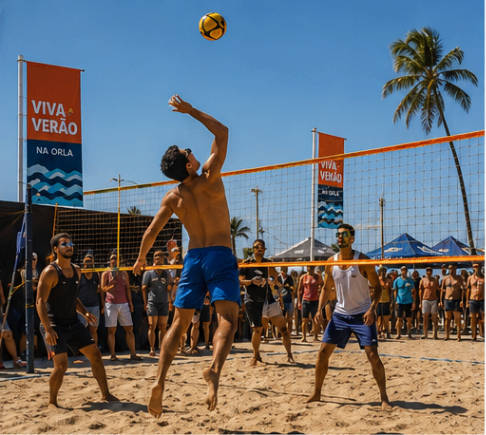 Atividades esportivas na areia e no calçadão da orla durante o alto verão