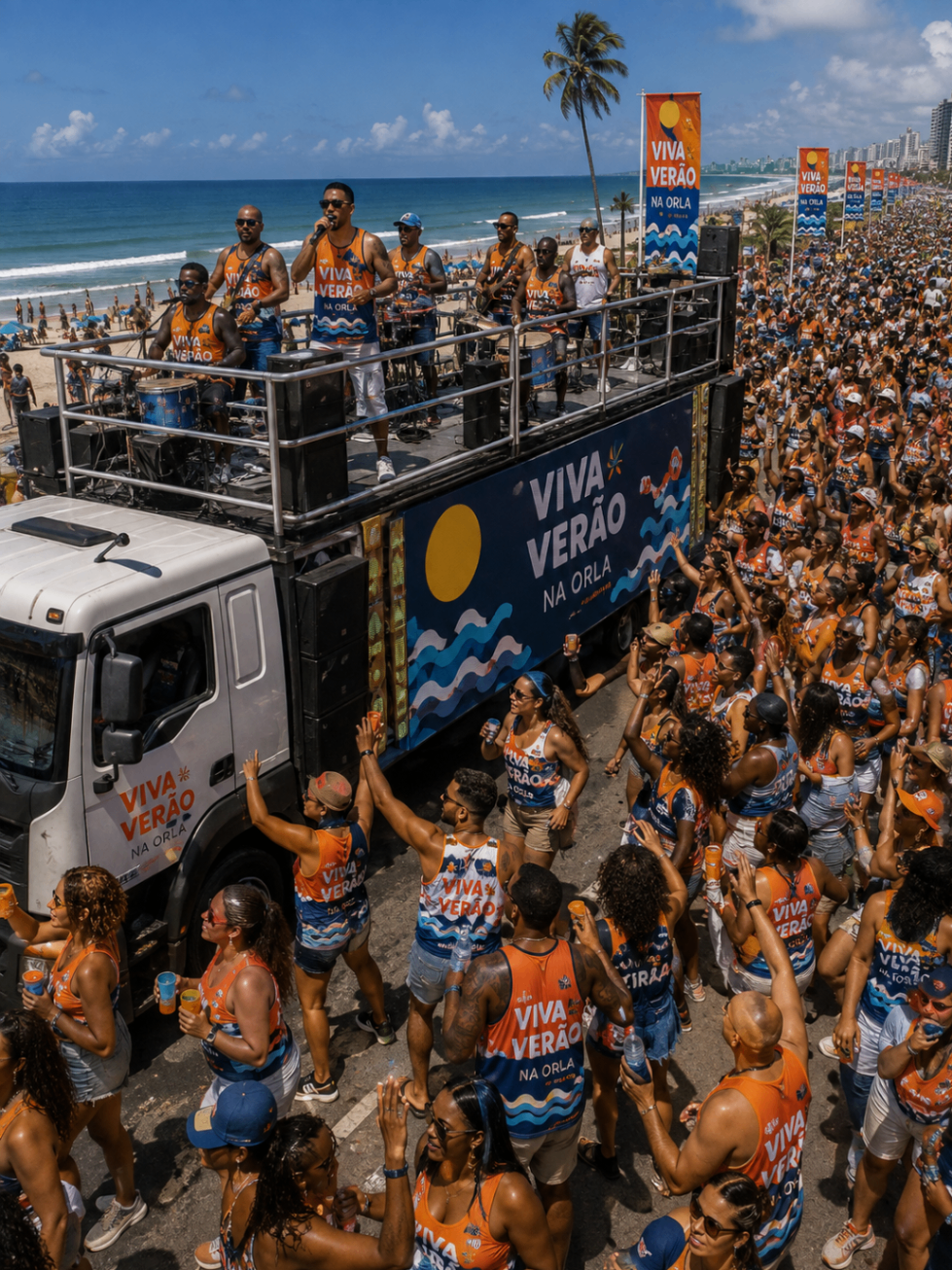 Trio elétrico do Viva Verão na Orla com músicos e público acompanhando o cortejo pela orla