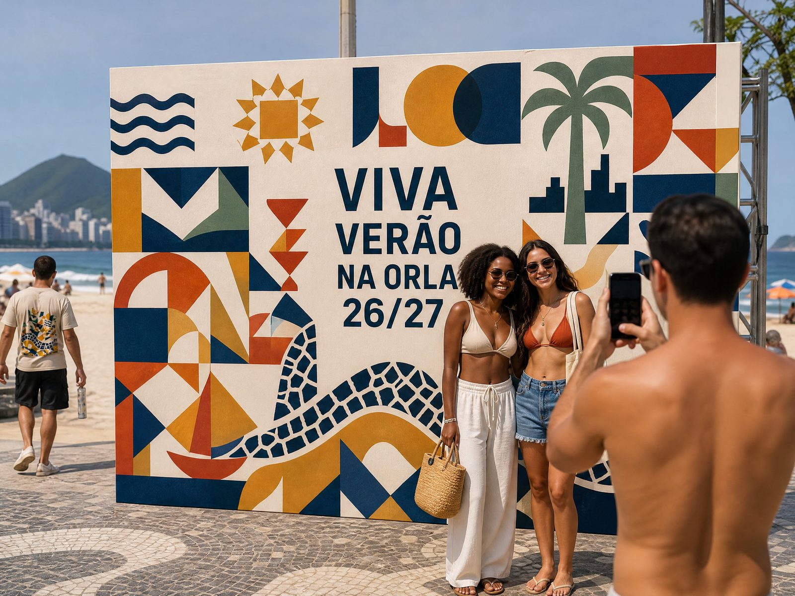 Duas pessoas posando em ponto de foto com backdrop da marca