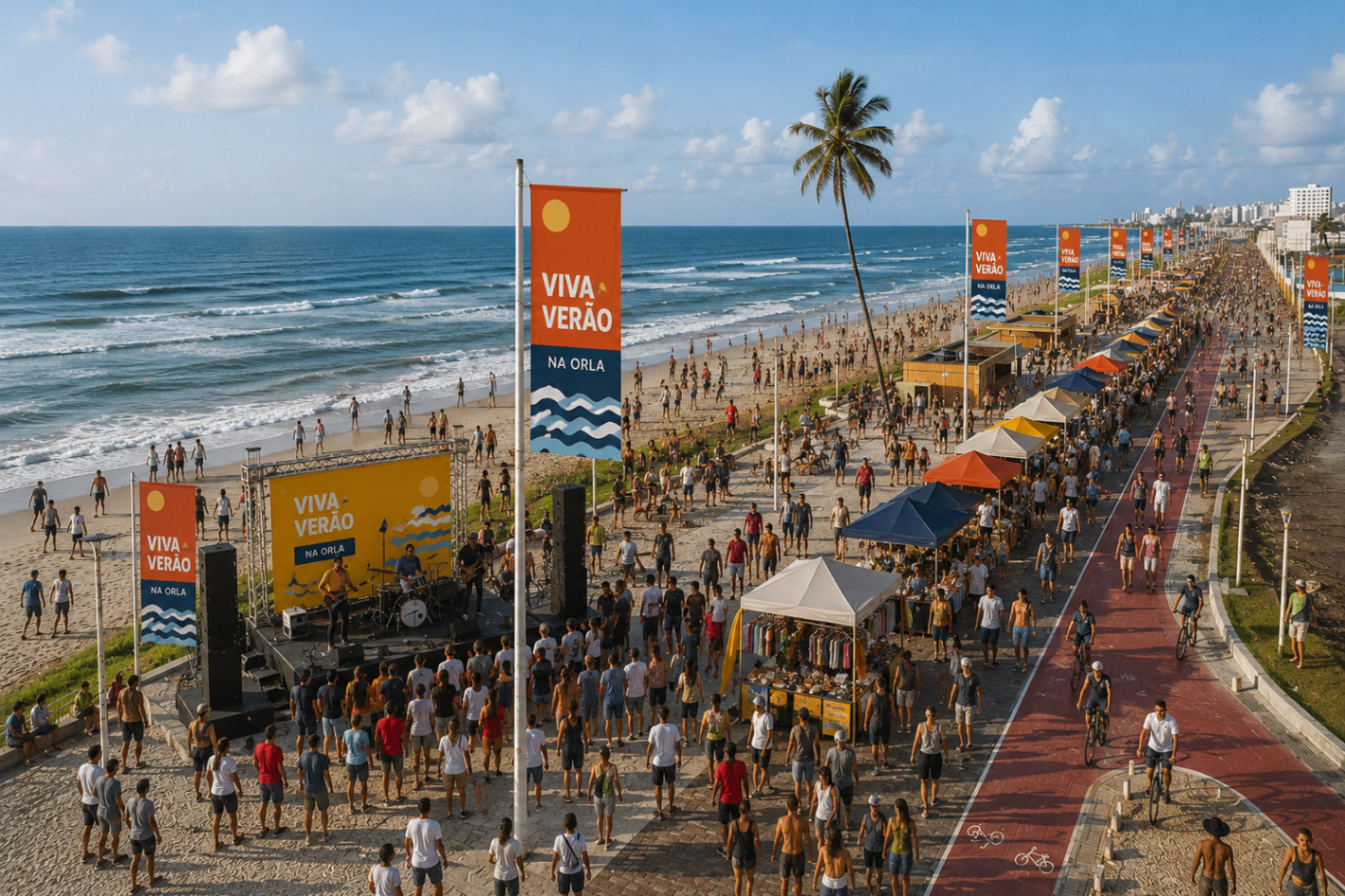 Orla de Salvador durante o dia com pessoas, feira e palco do Viva Verão na Orla