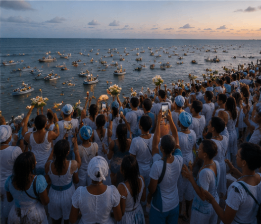 Barcos saindo ao mar com oferendas durante a celebração de Iemanjá na orla