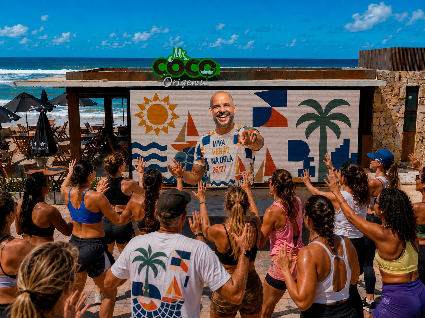 Público em aulão na praia diante de telão com comunicação da marca