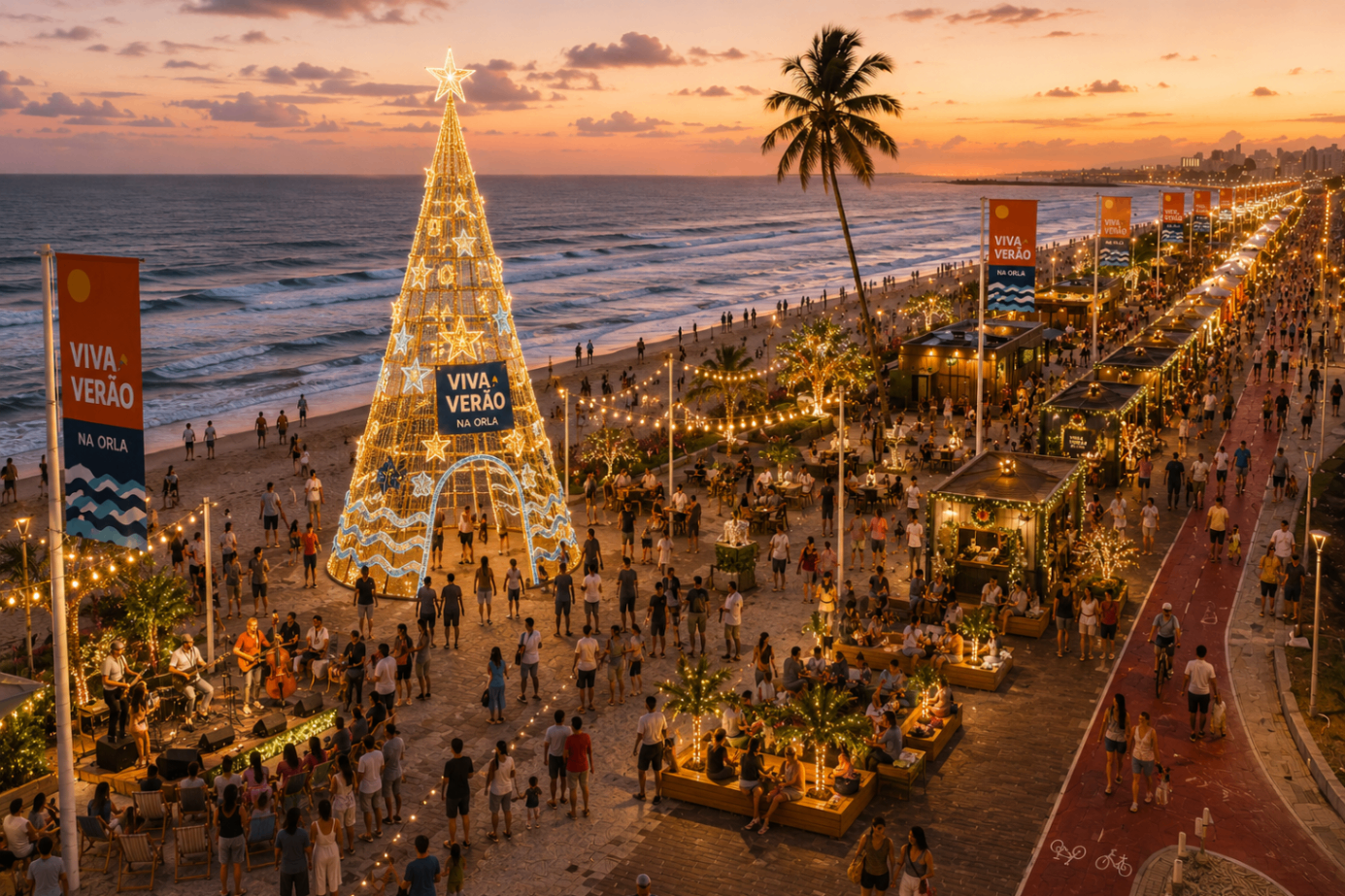Orla iluminada no fim de tarde com árvore de Natal do Viva Verão na Orla e público nas mesas