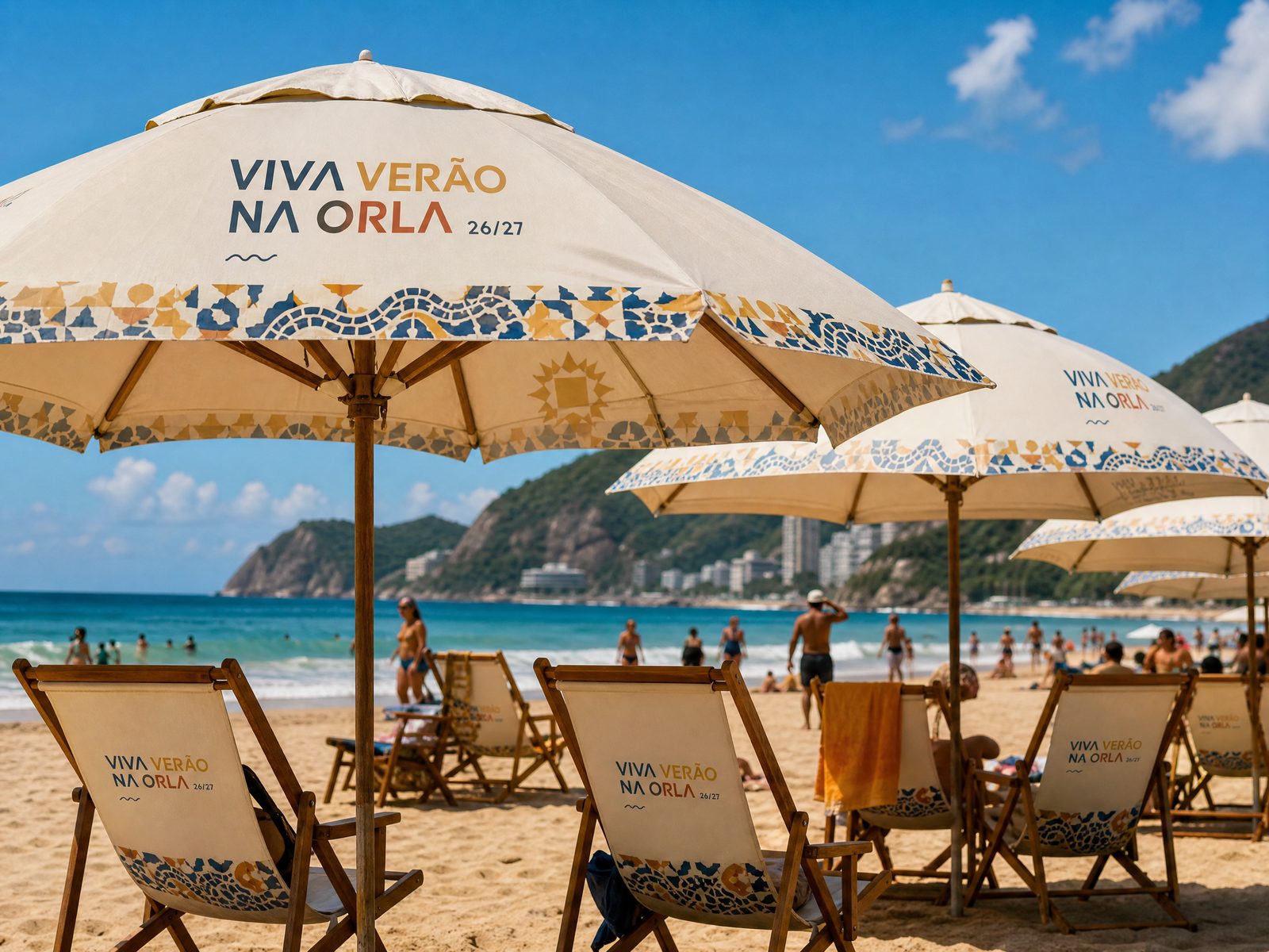 Guarda-sóis e espreguiçadeiras da marca em praia movimentada